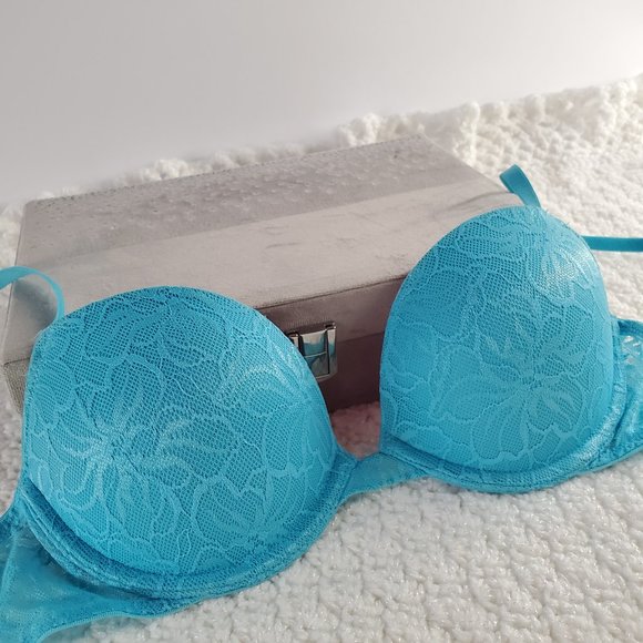 LaSenza REMIX Push Up Plunge Bra: Cyan Blue Lace with Hot Pink Lining - Picture 1 of 8